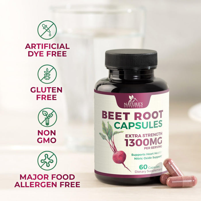 Beet Root Capsules 1300mg - Extra Strength Red Beetroot Powder Supplement – Supports Nitric Oxide Production, Heart Health & Natural Energy – Non-GMO, Vegan, Gluten Free – 60 Veggie Capsules