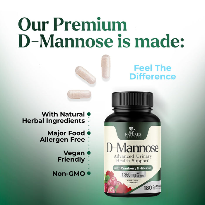 D-Mannose Supplement 1,350 mg with Cranberry & Hibiscus - Effective Fast-Acting, Flush the Impurities for Natural Bladder, Urinary Tract Health Support, for Women and Men, Non-GMO, Vegan, 180 Capsules