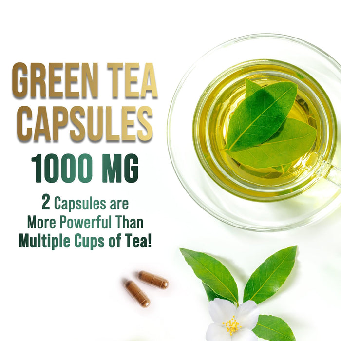 Green Tea Extract Capsules 1000mg with 98% Standardized Polyphenols & 45% EGCG for Heart Support with Antioxidants - 3X Absorption Green Tea Pills for Natural Energy, Gentle Caffeine - 60 Capsules