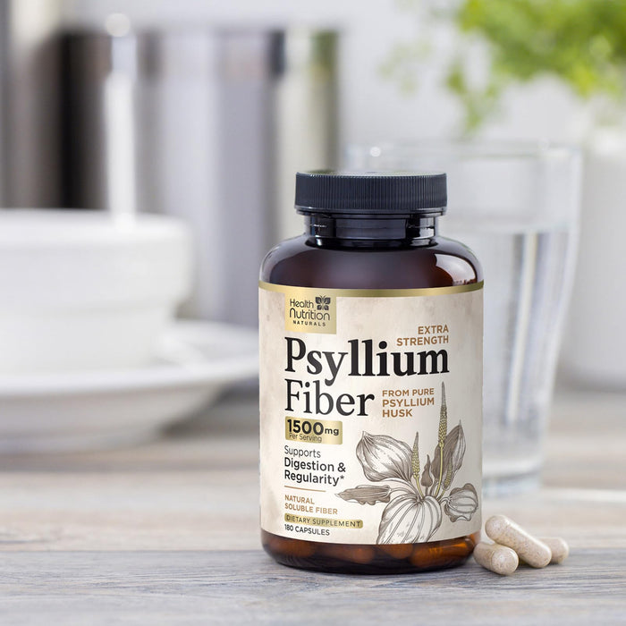 Psyllium Husk Fiber Caps 1500mg Supplement - Psyllium Husk Capsules Daily Support Digestive Health & Regularity, Nature's Plant Based Husks Natural Soluble Fiber Pills, Vegan, Non-GMO - 180 Capsules