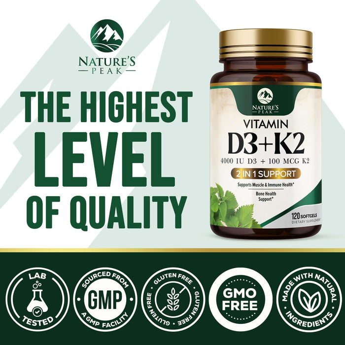 Vitamin D3 + K2 (MK-7) – 5000 IU D3 + 100mcg K2 – 120 Count