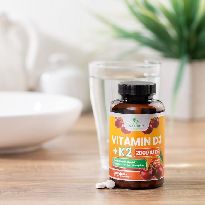 Vitamin D3 K2 2000 IU Plus with K2 (MK-7) 75 mcg - Vitamins D & K Complex Supplement for Bone, Teeth, Muscle, Calcium Absorption, Supports Immune & Heart Health, Non-GMO Chewable Formula - 120 Tablets