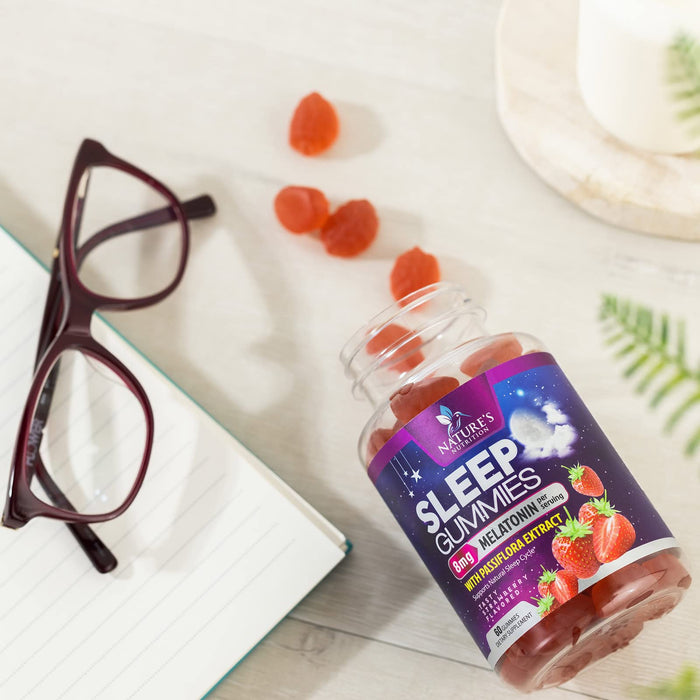 Melatonin Sleep Gummies - 8 mg Melatonin Extra Strength with 20mg Passiflora Sleeping Gummy Supplements, Sleep Gummies for Adults, Occasional Sleeping Support Supplement, Non-Habit Forming - 60 Count