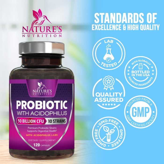 Probiotics 50 Billion CFU per Serving - 10 Strains + Prebiotics - Digestive Health, Gut & Immune Support - Supports Occasional Constipation, Gas & Bloating for Women & Men Shelf Stable - 120 Capsules