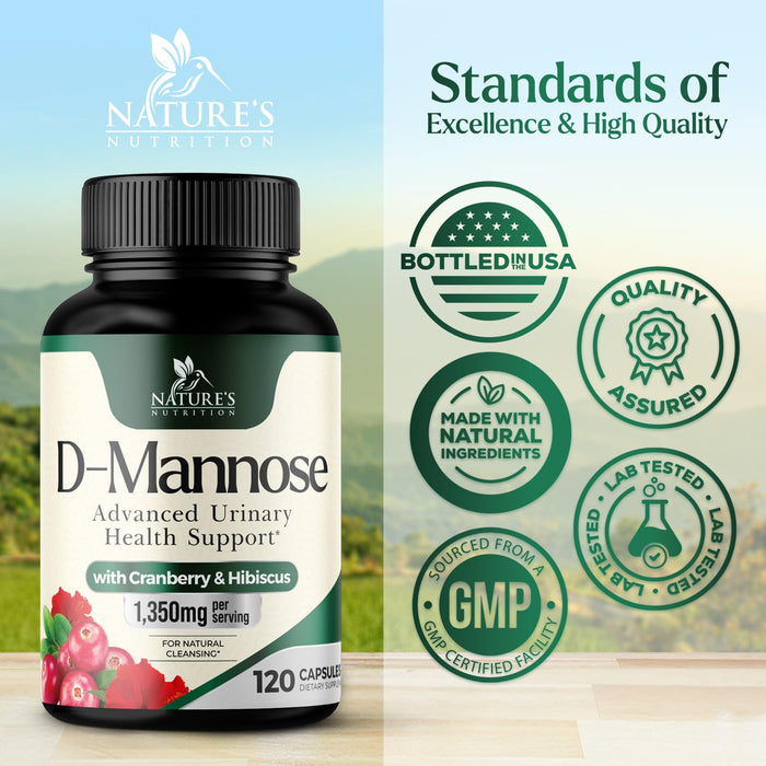 D-Mannose Supplement 1,350 mg with Cranberry & Hibiscus - Effective Fast-Acting, Flush the Impurities for Natural Bladder, Urinary Tract Health Support, for Women and Men, Non-GMO, Vegan, 120 Capsules