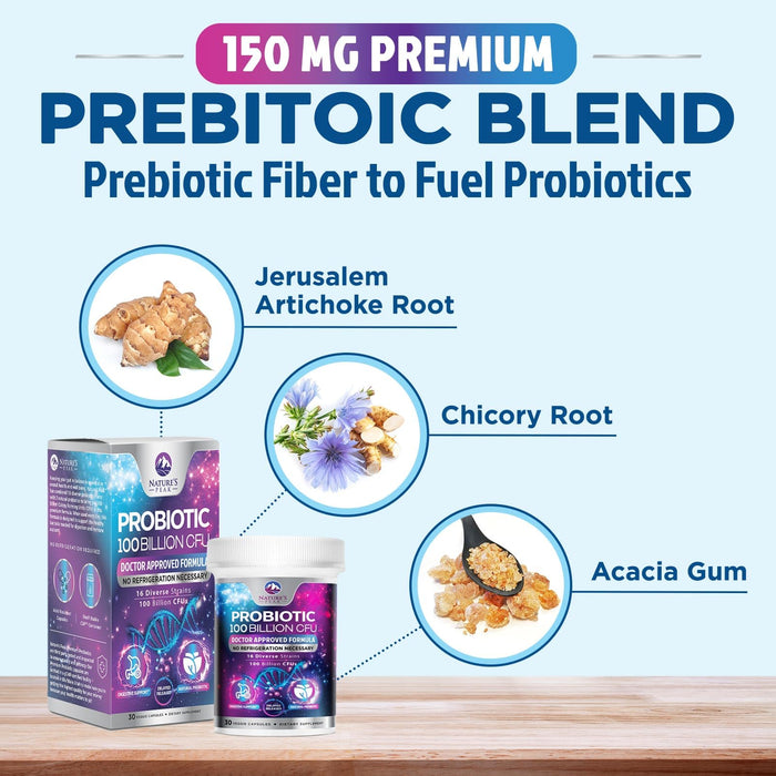 Probiotics 100 Billion CFU Supplement - 16 Strains + Natural Prebiotics - Digestive Health, Gut & Immune Support for Women & Men - Supports Occasional Constipation, Gas & Bloating - 30 Capsules