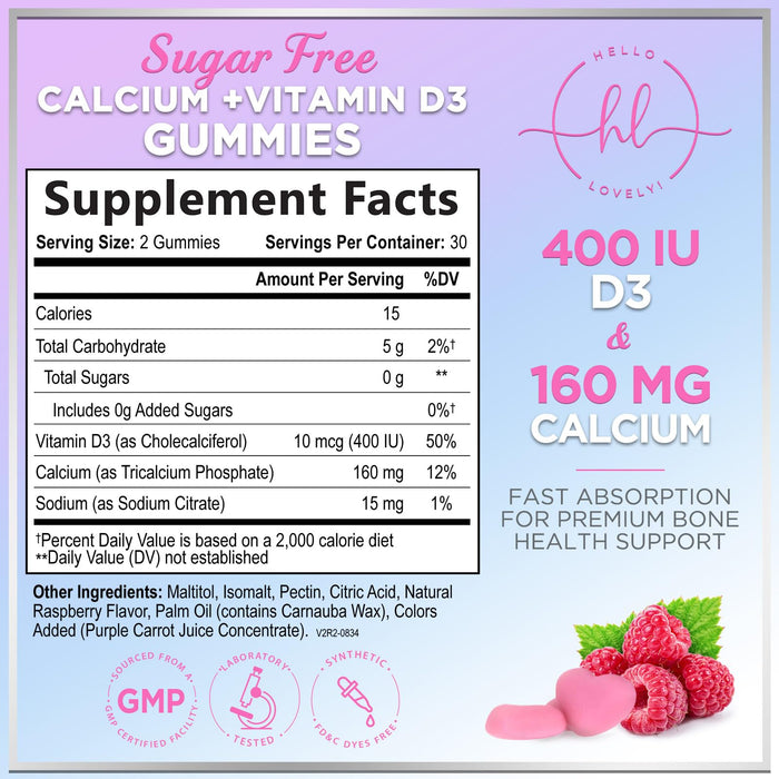 Calcium Supplements for Women - Sugar Free Calcium Gummies with Vitamin D3 for Bone Strength, Teeth & Immune Health Support, Natural Chews for Women & Men - Raspberry Flavored & Non-GMO - 60 Gummies