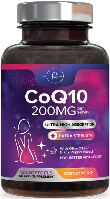 CoQ10 200mg Softgels - Ultra High Absorption, Antioxidant for Heart Health & Energy Production Support - Coenzyme Q10 (Ubiquinone) Co Q 10 Supplement and Vitamins 100mg Each - Non GMO - 120 Softgels