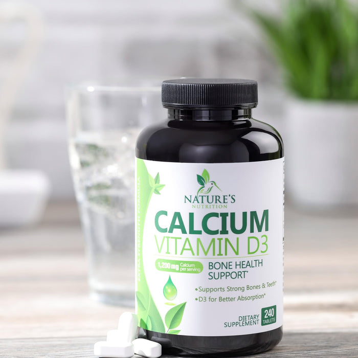 Calcium Supplement with Vitamin D - 1200 mg Calcium Carbonate with 1600 IU of D3 Vitamins - Supports Bone Strength, Teeth & Immune System - Natural & Easily Absorbable for Women & Men - 240 Tablets
