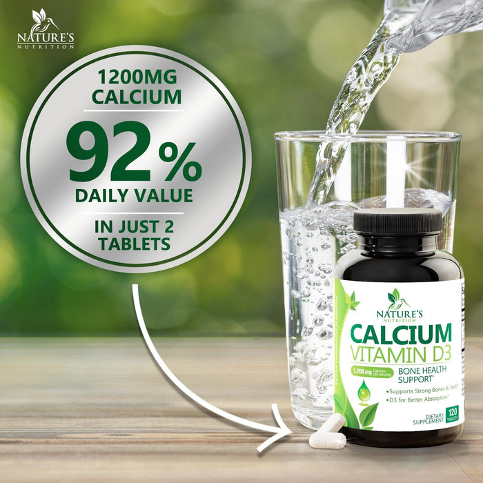 Calcium Supplement with Vitamin D - 1200 mg Calcium Carbonate with 1600 IU of D3 Vitamins - Supports Bone Strength, Teeth & Immune System - Natural & Easily Absorbable for Women & Men - 120 Tablets