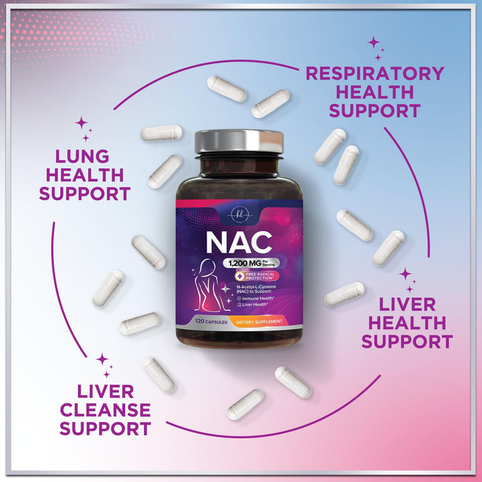 NAC Supplement – N-Acetyl L-Cysteine 1200mg – Supports Liver, Lung & Immune Health - Antioxidants for Respiratory Support & Fight Free Radicals – High Absorption, Non-GMO, Gluten-Free – 120 Capsules