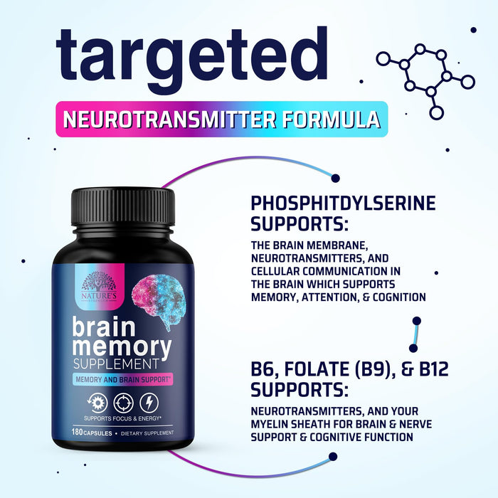 Brain Memory Supplement Pills - Nootropics Support for Concentration, Clarity, Alertness & Focus - Brain Health with Bacopa, Cognitive Vitamins, Phosphatidylserine, DMAE - Brain Booster - 180 Capsules