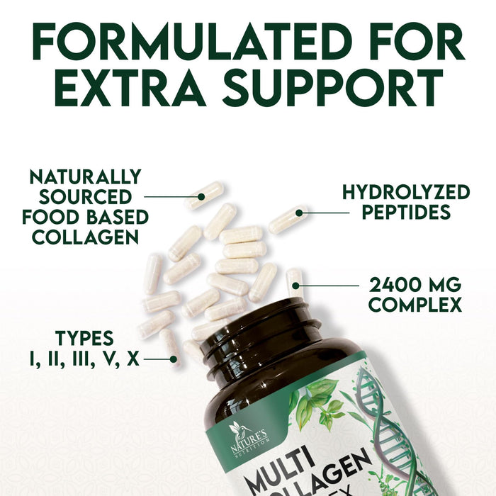 Multi Collagen Peptides Supplement 2400 mg, Types I, II, III, V & X Multi Collagen Pills Complex, Hydrolyzed Collagen Peptides Supplements, Hair, Skin, Nail, and Joint Support Supplement, 120 Capsules