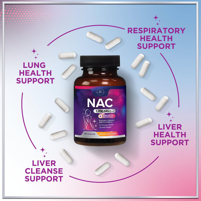 NAC Supplement – N-Acetyl L-Cysteine 1200mg – Supports Liver, Lung & Immune Health - Antioxidants for Respiratory Support & Fight Free Radicals – High Absorption, Non-GMO, Gluten-Free – 60 Capsules