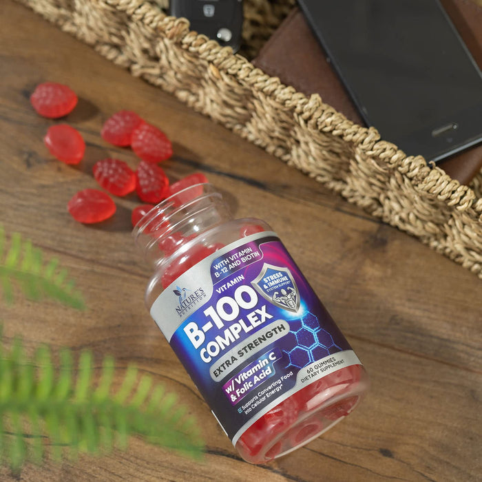 B Complex Supplement Gummies with Vitamin C & Folic Acid, Extra Strength Super Vitamin B Gummy with Niacin, B6, Folic Acid, B12, Biotin, Nature's Energy Immune Support Supplements - 60 Gummies