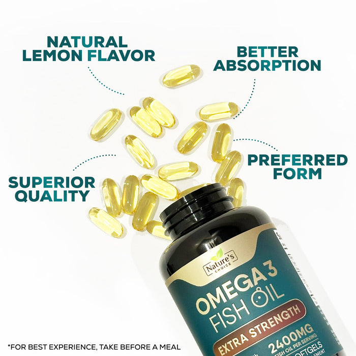 Omega 3 Fish Oil Supplement 2400 mg - Triple Strength EPA & DHA Fish Oil Omega 3, Essential Fatty Acids Supplement Softgels, Brain & Heart Health Support Supplements, Gluten Free Non-GMO, 180 Softgels