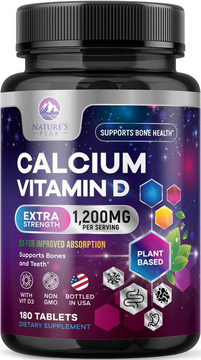 Calcium 1200 mg with Vitamin D3, Calcium Supplement Vitamins, Bone, Teeth & Immune Health Support, Calcium Supplements with D for Women & Men, Nature's Absorbable Calcium Carbonate - 180 Tablets