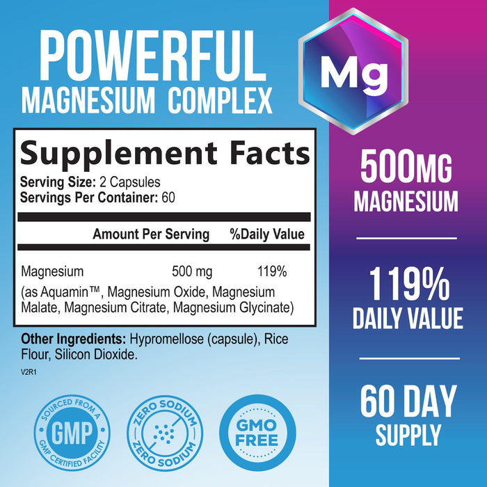 Magnesium Complex Supplement 500 mg - 5 in 1 High Absorption Chelated Magnesium Glycinate, Malate, Citrate, Oxide, Aquamin - Non-GMO Magnesio Capsules, Bone Muscle & Heart Health Support, 120 Capsules