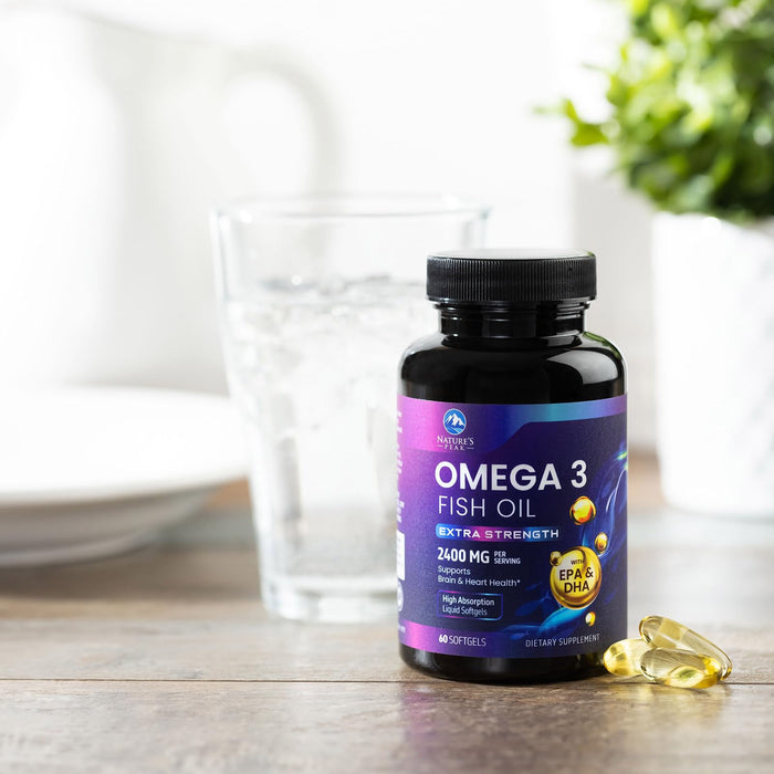 Omega 3 Fish Oil 2400 mg Supplement, Sustainably Sourced, Triple Strength Omega-3 Supplement Softgels, Brain Health Support, EPA & DHA Fish Oil Fatty Acids Supplements, Gluten & GMO Free, 60 Softgels