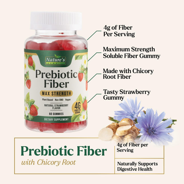 Fiber Gummies for Digestive Health & Regularity Support, Fiber 4g Gummy for Adults, Daily Prebiotic Supplements Blend, Natural Prebiotics Extra Strength Gummy, Added Fruit Flavor - 60 Gummies