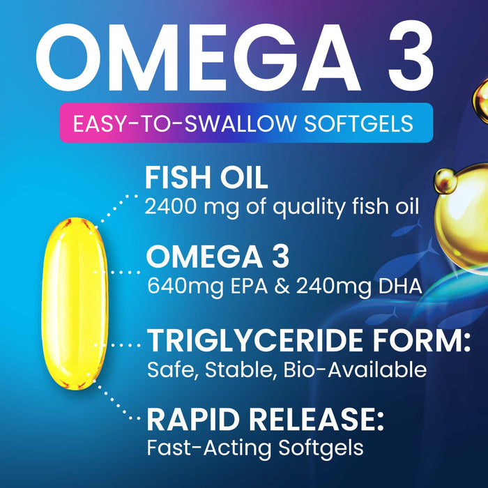 Omega 3 Fish Oil 2400 mg Supplement, Sustainably Sourced, Triple Strength Omega-3 Supplement Softgels, Brain Health Support, EPA & DHA Fish Oil Fatty Acids Supplements, Gluten & GMO Free, 120 Softgels