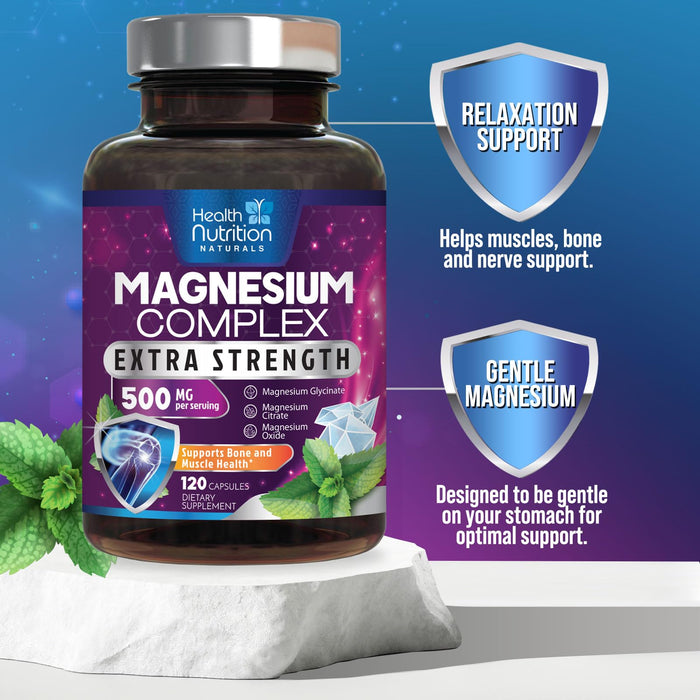 Magnesium Complex Capsules 500 mg with Oxide, Glycinate, Malate, Citrate - High Absorption Complex Chelated Magnesium Mineral Supplements - for Muscle, Bone and Heart Health Support - 120 Capsules