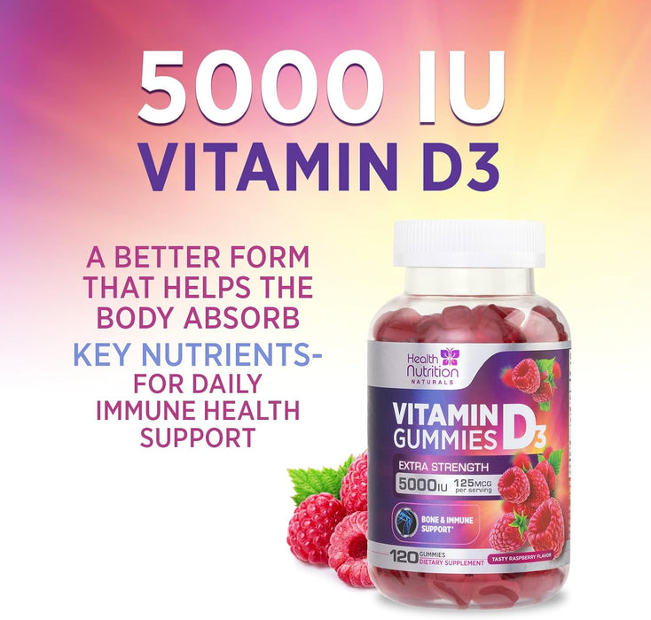 Vitamin D3 Gummies 5000 IU (125 mcg) - Extra Strength Immune Support, Bone, Teeth and Muscle Vitamin D Gummy Dietary Supplement, Nature's Berry D Vitamin Supplement, Raspberry, Non-GMO - 120 Gummies