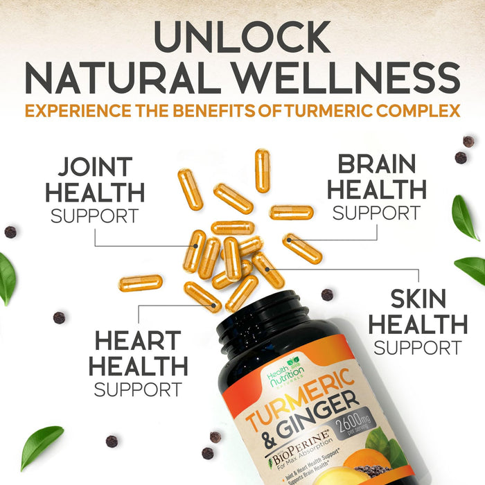 Turmeric Curcumin Supplement 2600mg - with Organic Ginger & Turmeric, 95% Curcuminoids, BioPerine Black Pepper for Best Absorption, Nature's Vegan Joint Support, Non-GMO, Bottled in USA - 120 Capsules