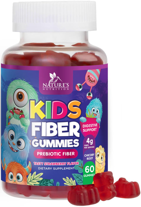 Fiber Gummies for Kids, Daily 4g Gummy Fiber Supplement, Prebiotic Digestive Health Support - Nature's Plant Based Soluble Fiber, Supports Regularity & Digestion for Kids Non-GMO - 60 Gummies