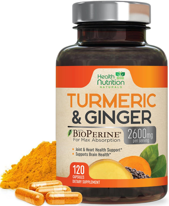Turmeric Curcumin Supplement 2600mg - with Organic Ginger & Turmeric, 95% Curcuminoids, BioPerine Black Pepper for Best Absorption, Nature's Vegan Joint Support, Non-GMO, Bottled in USA - 120 Capsules