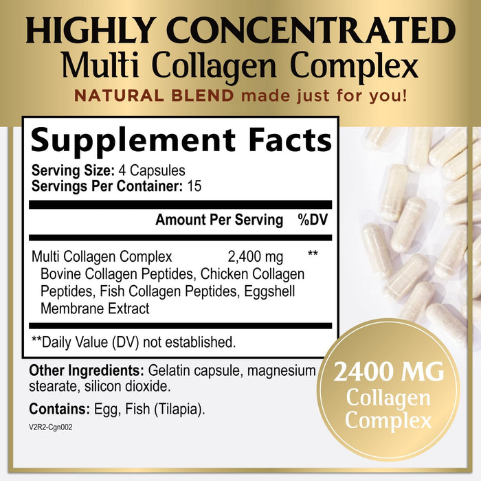 Multi Collagen Peptides for Women – 2400mg Best Hydrolyzed Collagen Complex with 5 Types (I, II, III, V, X) - Grass Fed – Hair, Skin, Nail, Bone & Joint Support for Beauty & Wellness – 60 Capsules