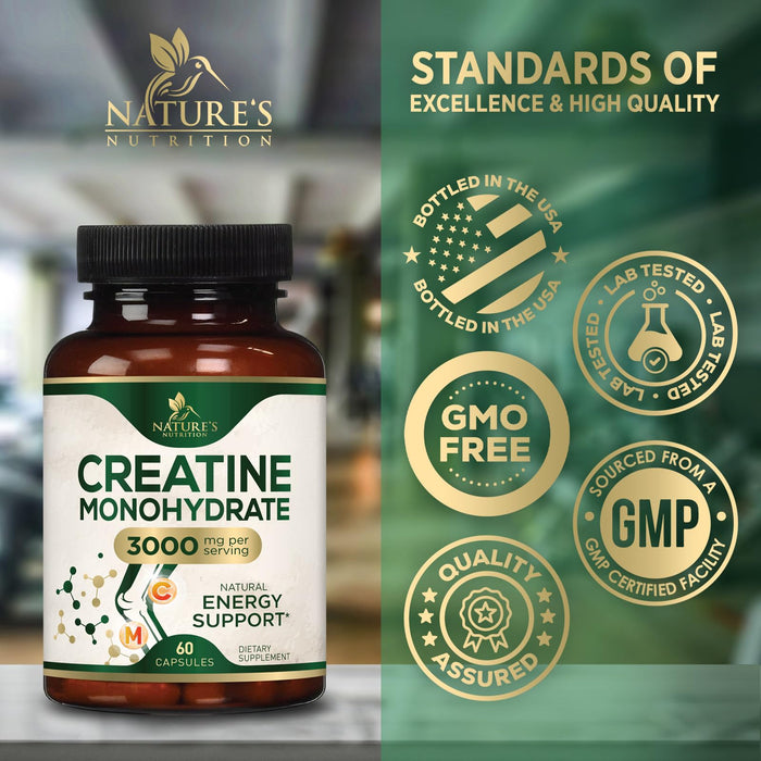Creatine Monohydrate Capsules 3000mg – Best Micronized Creatine Powder - Supports Lean Muscle, Strength, Energy, & Endurance - Nature's Supplement, Non-GMO, Gluten Free for Women & Men - 60 Capsules