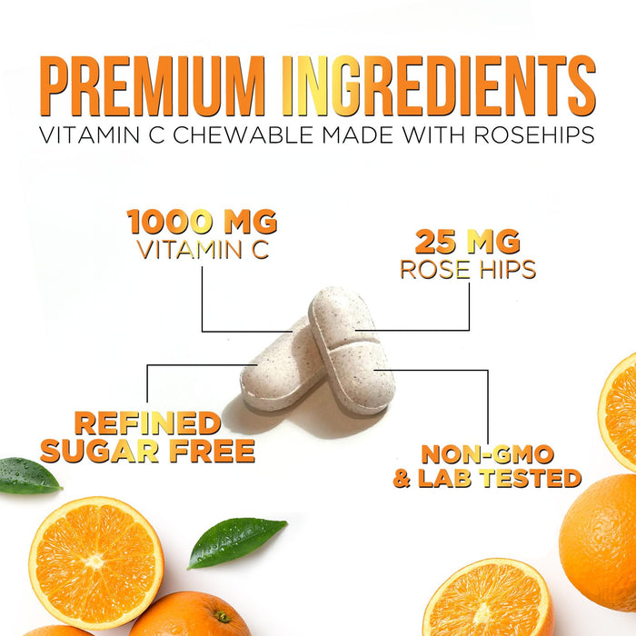 Vitamin C 1000mg Chewable Supplement - Extra Strength Immune Support Vitamin C Dietary Supplement with Rose HIPS, Nature's VitaminC Antioxidant Support, Natural, Vegan, Orange Flavor - 120 Tablets
