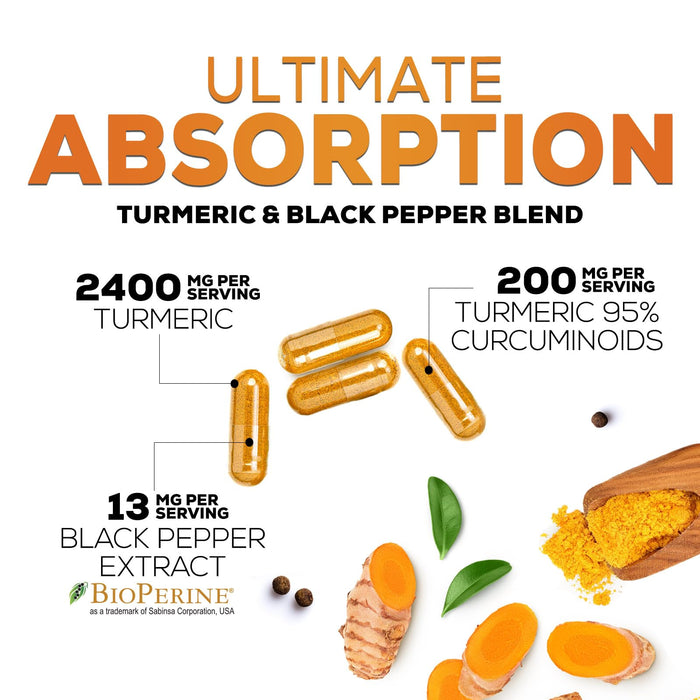 Turmeric Curcumin with BioPerine 95% Curcuminoids 2600mg with Black Pepper for Absorption – 240 Capsules