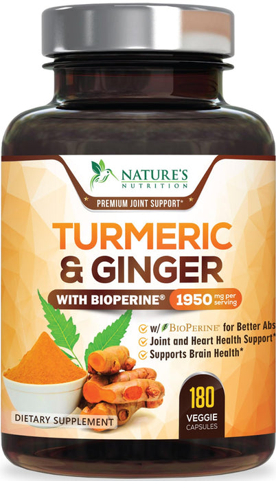 Turmeric Curcumin Supplement 1950mg - 95% Curcuminoids with Organic Turmeric & Ginger, BioPerine Black Pepper for Best Absorption, Nature's Vegan Joint Support, Non-GMO, Bottled in USA - 180 Capsules