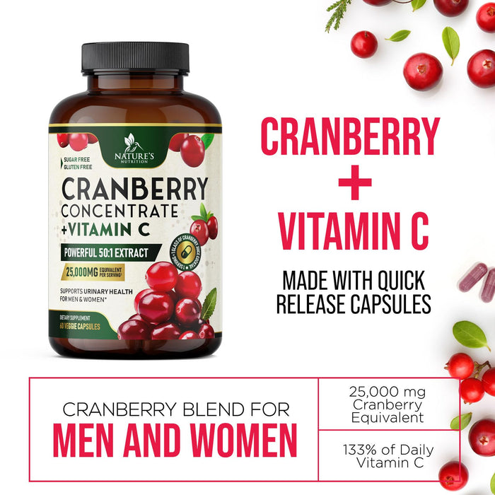 Cranberry Pills for Women - 500 mg Natural Urinary Tract Health Support - Concentrated Formula from Whole Fruit Cranberry & Vitamin C - Sugar Free, Gluten Free, Non-GMO Supplement - 60 Capsules