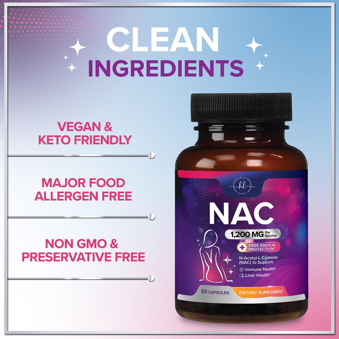 NAC Supplement – N-Acetyl L-Cysteine 1200mg – Supports Liver, Lung & Immune Health - Antioxidants for Respiratory Support & Fight Free Radicals – High Absorption, Non-GMO, Gluten-Free – 60 Capsules