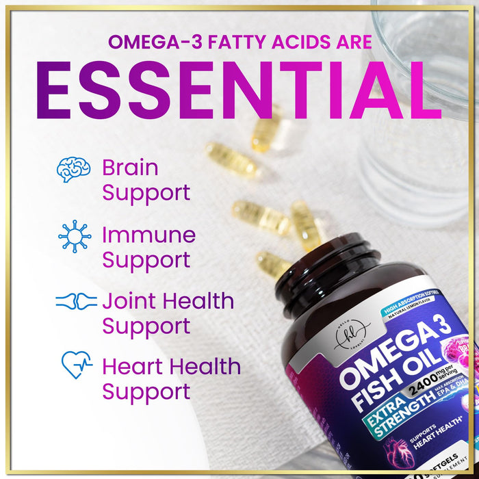 Omega 3 Fish Oil Supplements 2400mg - Triple Strength Omega 3 Fatty Acids, Natural Heart Health Brain & Joint Support - Fatty Acids with EPA & DHA - Wild Caught Fish Oil Supplement - 60 Softgels