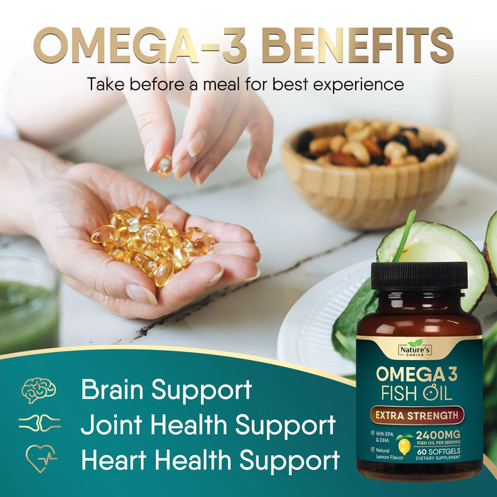 Omega 3 Fish Oil Supplement 2400 mg - Triple Strength EPA & DHA Fish Oil Omega 3, Essential Fatty Acids Supplement Softgels, Brain & Heart Health Support Supplements, Gluten Free Non-GMO, 60 Softgels