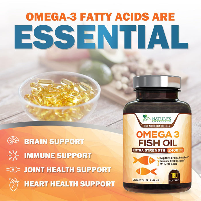 Omega 3 Fish Oil 2400 mg – Triple Strength EPA & DHA Fatty Acids for Heart, Brain & Joint Support – Wild-Caught, Burpless, Lemon Flavor Supplement – Natural, Non-GMO, Gluten-Free – 180 Softgels