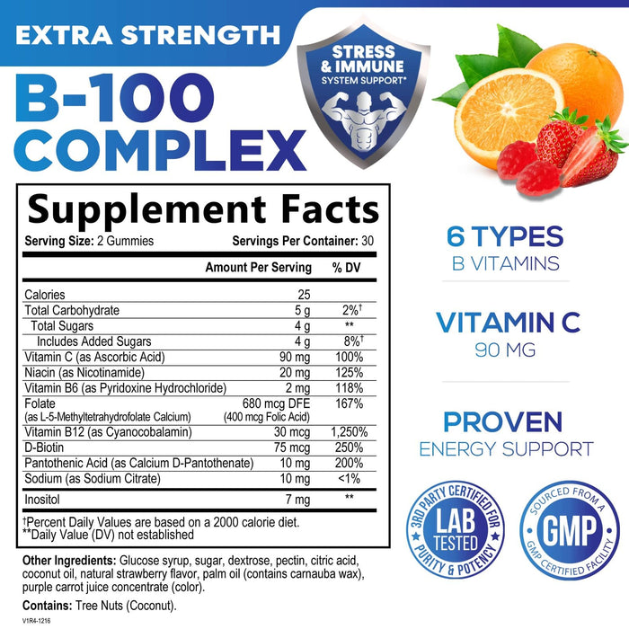 B Complex Supplement Gummies with Vitamin C & Folic Acid, Extra Strength Super Vitamin B Gummy with Niacin, B6, Folic Acid, B12, Biotin, Nature's Energy Immune Support Supplements - 60 Gummies