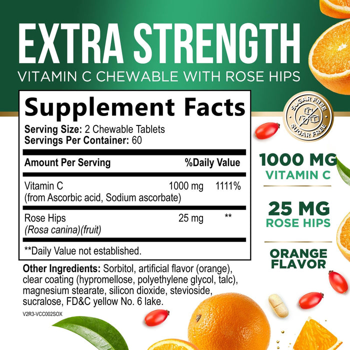 Vitamin C Chewable 1000mg - Extra Strength Antioxidants for Powerful Immune Support w/Vitamin C & Rose HIPS - Potent Dietary VIT C Chews Supplement, Natural, Vegan, Gluten-Free, Non-GMO - 120 Tablets