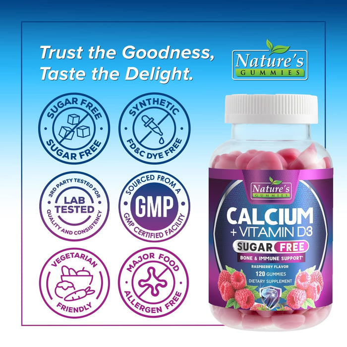 Sugar Free Chewable Calcium Gummy Vitamins - Plus 400 IU Vitamin D3 for Bone, Teeth, & Immune Health Support - Calcium Supplements for Women & Men Daily, Non-GMO, Berry Flavored - 120 Gummies