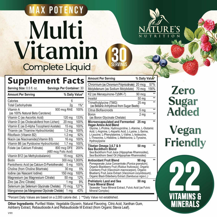 Liquid Multivitamin, Sugar Free Multi Vitamin for Women Men & Kids, Vitamins A, C, D, B-12, Biotin & Zinc for Beauty, Skin Care, Thicker Hair Growth & Wrinkles, Non-GMO, Vegan, Berry Flavor, 15 Fl Oz
