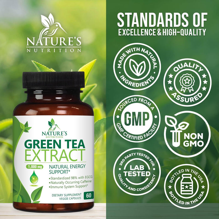 Green Tea Extract Capsules 1000mg 98% Standardized EGCG - 3X Strength for Natural Energy - Heart Support with Polyphenols - Gentle Caffeine - 60 Capsules
