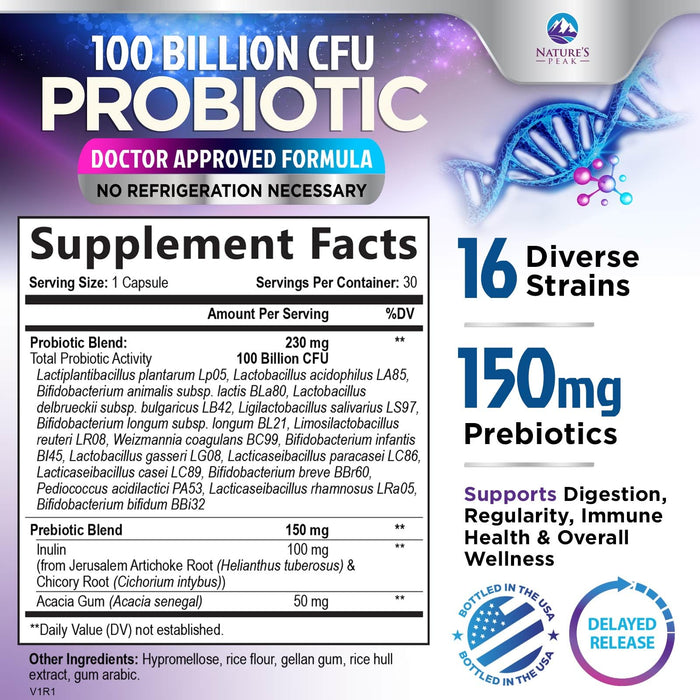 Probiotics 100 Billion CFU Supplement - 16 Strains + Natural Prebiotics - Digestive Health, Gut & Immune Support for Women & Men - Supports Occasional Constipation, Gas & Bloating - 30 Capsules