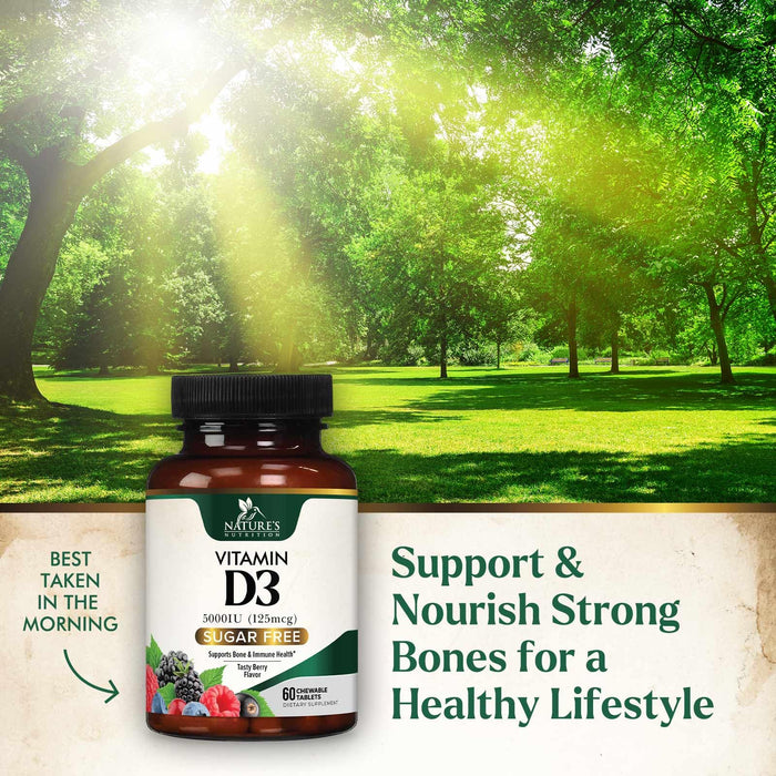 Vitamin D3 5000 IU (125 mcg) Nature's Extra Strength Vitamin D Supplement Chewable for Immune Support Health - Bone, Teeth and Muscle Supplements - Sugar Free, Non-GMO, Gluten Free - 60 Count Tablets