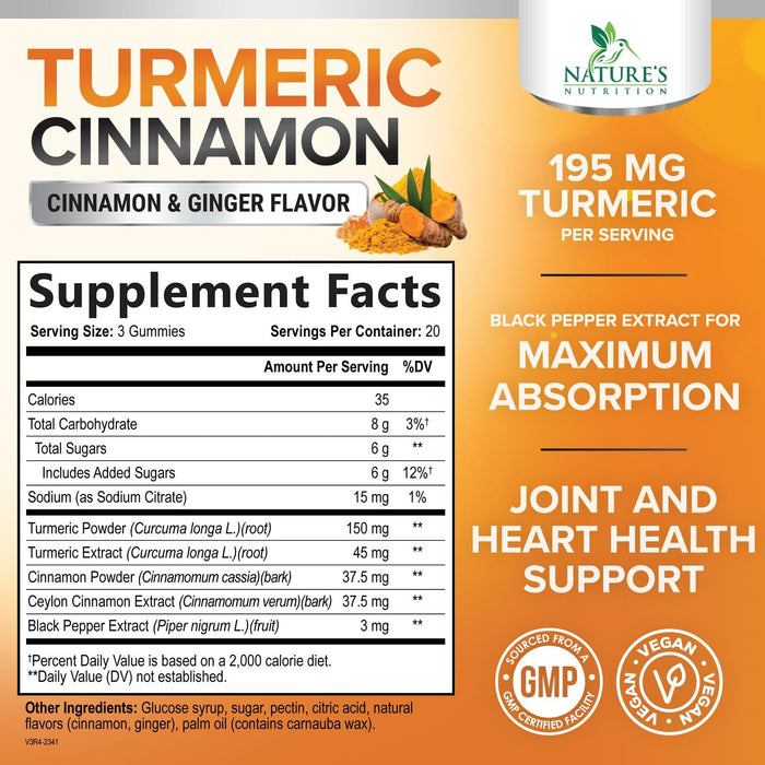 Turmeric Curcumin Supplement Gummies with Ginger & Cinnamon, 95% Curcuminoids Turmeric Curcumin Gummy with Black Pepper for Best Absorption, Nature's Vegan Joint Support Tumeric, Non-GMO, 60 Gummies