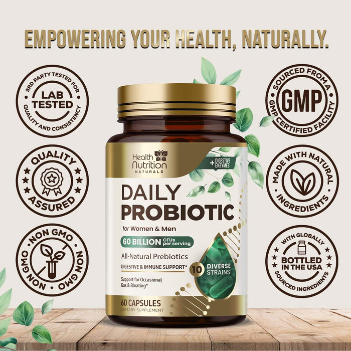 Probiotics 60 Billion CFU + 10 Strains - Daily Probiotic Lactobacillus Blend for Immune, Digestive & Gut Health Support, Prebiotics and Probiotics, Gas & Bloating for Women & Men - 60 Capsules