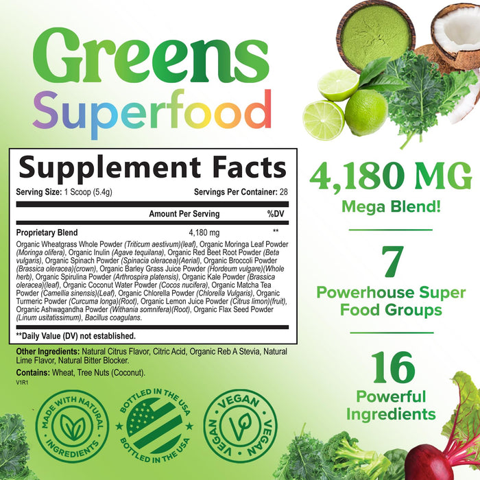 Greens Superfood Powder - Original Organic Super Greens Juice Powder - Packed with Probiotics, Wheat Grass, Enzymes, Spirulina, Chlorella for Digestive & Gut Health, Smoothie Drink Mix - 28 Servings